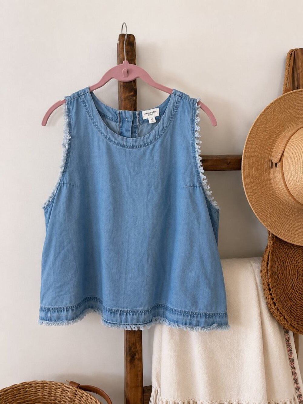 Thread & Supply Santa Monica Chambray Fringe Tank Top XL | Light Blue Raw Hem Bo